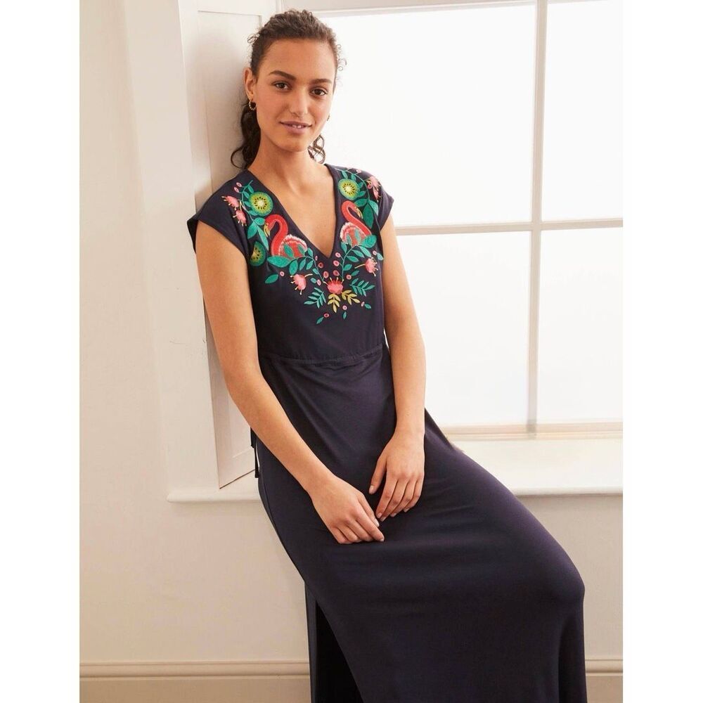 Boden Maxi Midi Dress Embroidered Short Sleeve Navy 4